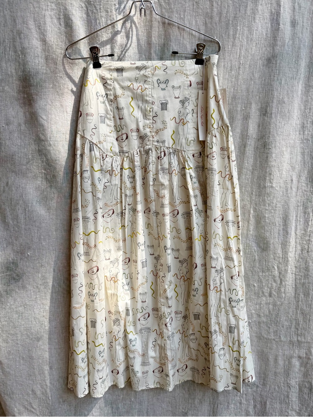 Lisa Says Gah Cream Printed Tiered Maxi Skirt with Museum Print